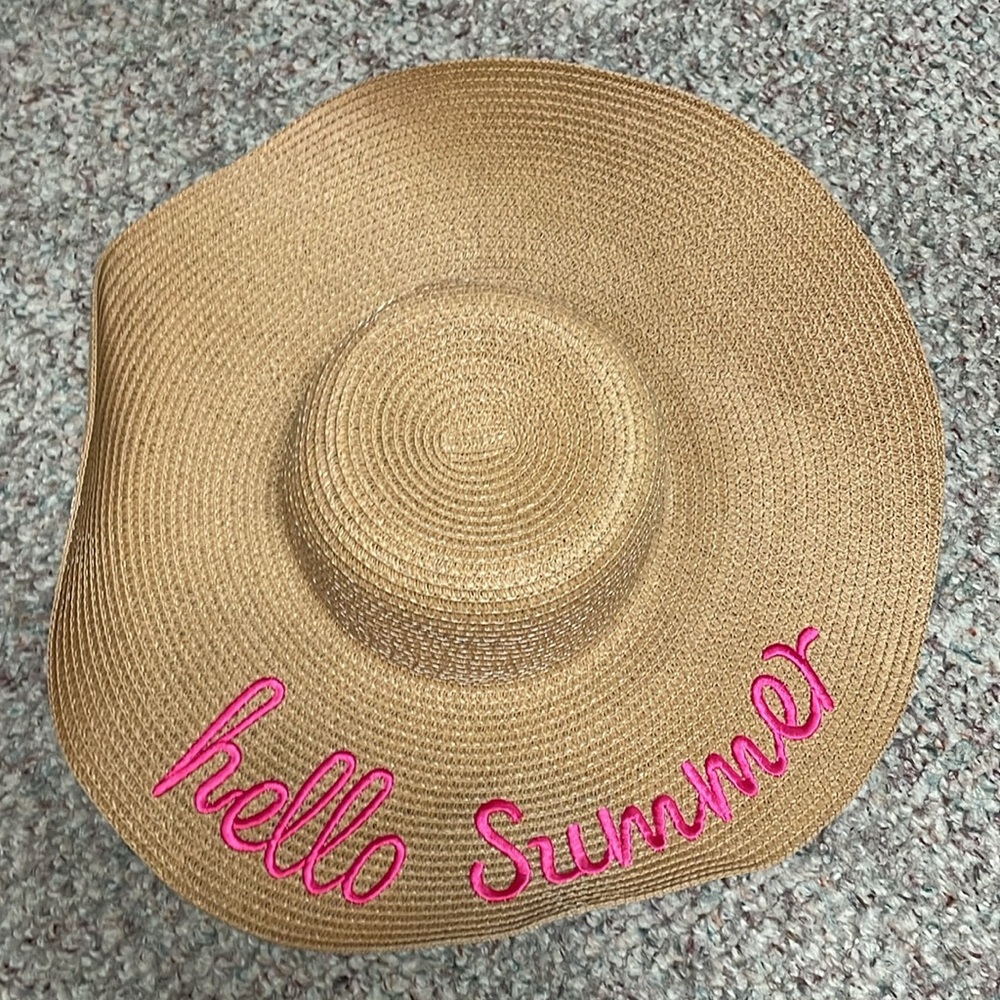 Hello summer embroidered logo wide brim Tan Sun Hat